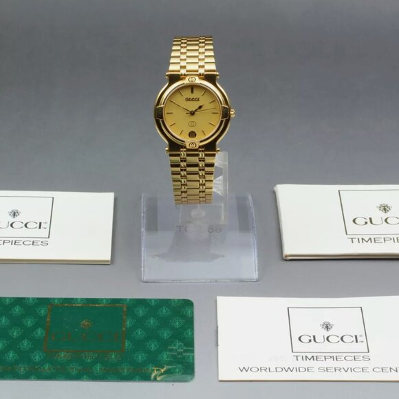 RARE GUCCI Gold Dial Gold Quartz Mens Watch MINT - Picture 1 of 6